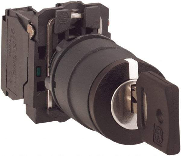 Schneider Electric - 22mm Mount Hole, 2 Position, Key Operated, Selector Switch with Contact Blocks - Maintained (MA), Shock, Vibration and Water Resistant - Eagle Tool & Supply