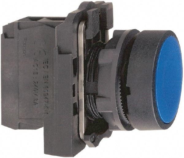 Schneider Electric - 22mm Mount Hole, Flush, Pushbutton Switch with Contact Block - Round, Blue Pushbutton, Momentary (MO) - Eagle Tool & Supply