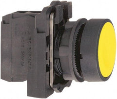 Schneider Electric - 22mm Mount Hole, Flush, Pushbutton Switch with Contact Block - Round, Yellow Pushbutton, Momentary (MO) - Eagle Tool & Supply