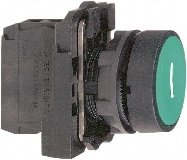 Schneider Electric - 22mm Mount Hole, Flush, Pushbutton Switch with Contact Block - Round, Green Pushbutton, Momentary (MO) - Eagle Tool & Supply