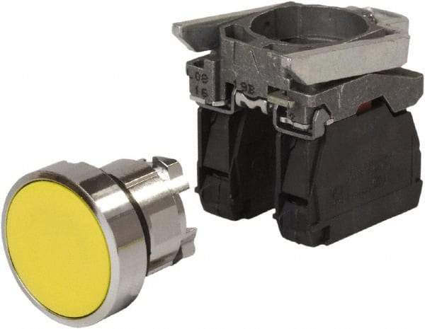 Schneider Electric - 0.87 Inch Mount Hole, Pushbutton Switch with Contact Block - Round, Yellow Pushbutton, Nonilluminated, Momentary (MO), Anticorrosive, Dust Resistant and Vaportight - Eagle Tool & Supply