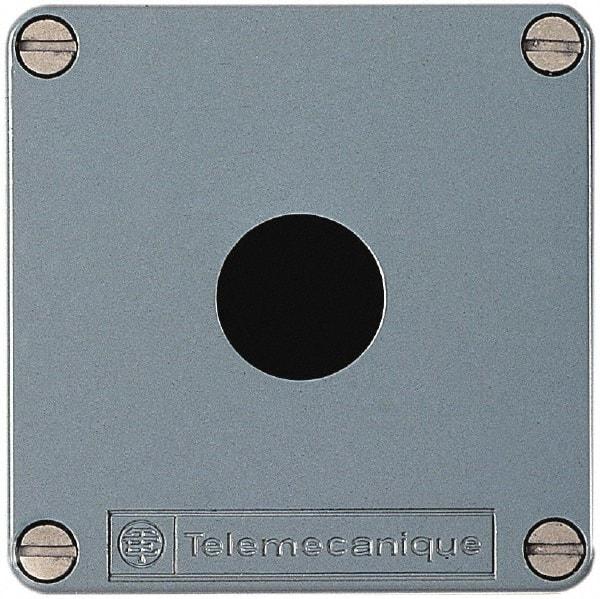 Schneider Electric - 1 Hole, 22mm Hole Diameter, Zinc Alloy Pushbutton Switch Enclosure - 80mm High x 80mm Wide x 74-1/2mm Deep - Eagle Tool & Supply