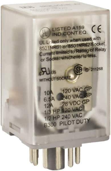 Square D - 1/2 hp at 240 Volt & 1/3 hp at 120 Volt, Octal Electromechanical Plug-in General Purpose Relay - 6.6 Amp at 240 VAC, 3PDT, 24 VAC at 50/60 Hz - Eagle Tool & Supply