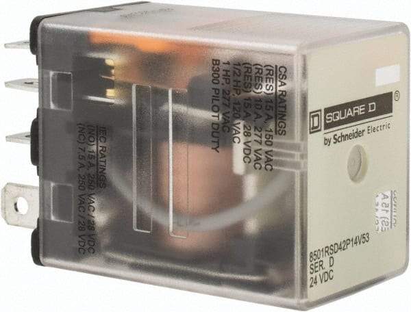 Square D - Electromechanical Plug-in General Purpose Relay - 10 Amp at 240 VAC, DPDT, 24 VDC - Eagle Tool & Supply