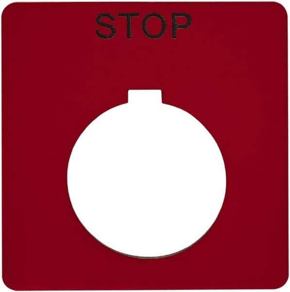 Schneider Electric - Square, Plastic Legend Plate - Stop - Red Background, Black Letters, 1.2 Inch Hole Diameter, 2-1/4 Inch Square - Eagle Tool & Supply