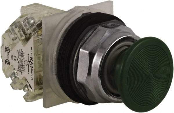 Schneider Electric - 30mm Mount Hole, Extended Straight, Pushbutton Switch with Contact Block - Green Pushbutton, Momentary (MO) - Eagle Tool & Supply