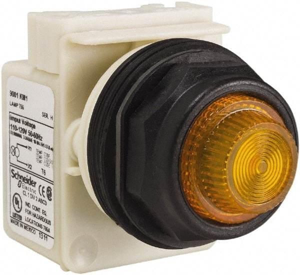 Schneider Electric - 110 VAC at 50/60 Hz via Transformer, 120 VAC at 50/60 Hz via Transformer Amber Lens Indicating Light - Round Lens, Screw Clamp Connector, Corrosion Resistant, Dust Resistant, Oil Resistant - Eagle Tool & Supply