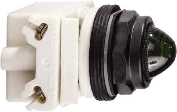 Schneider Electric - 120 VAC/VDC Green Lens LED Pilot Light - Round Lens, Screw Clamp Connector, 54mm OAL x 42mm Wide, Vibration Resistant - Eagle Tool & Supply