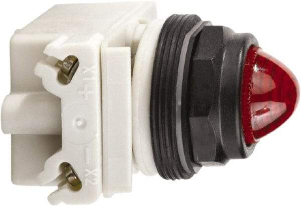 Schneider Electric - 120 VAC/VDC Red Lens LED Pilot Light - Round Lens, Screw Clamp Connector, 54mm OAL x 42mm Wide, Vibration Resistant - Eagle Tool & Supply