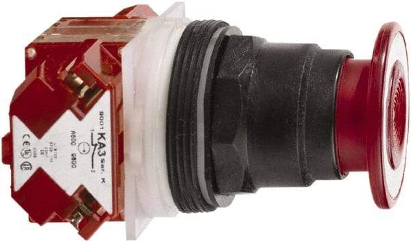 Schneider Electric - 30mm Mount Hole, Extended Mushroom Head, Pushbutton Switch with Contact Block - Round, Red Pushbutton, Maintained (MA) - Eagle Tool & Supply