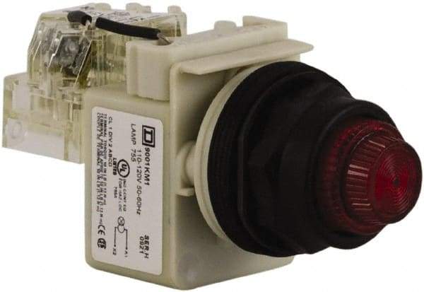 Schneider Electric - 110 VAC at 50/60 Hz via Transformer, 120 VAC at 50/60 Hz via Transformer Red Lens Press-to-Test Indicating Light - Round Lens, Screw Clamp Connector, Corrosion Resistant, Dust Resistant, Oil Resistant - Eagle Tool & Supply