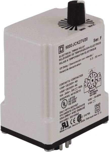 Square D - 0.3 to 30 min Delay, DPDT Time Delay Relay - 10 Contact Amp, 110 VDC & 120 VAC - Eagle Tool & Supply