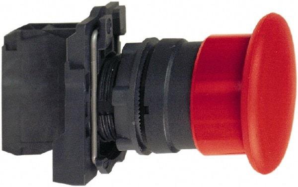 Schneider Electric - 22mm Mount Hole, Extended Mushroom Head, Pushbutton Switch with Contact Block - Round, Black Pushbutton, Momentary (MO) - Eagle Tool & Supply