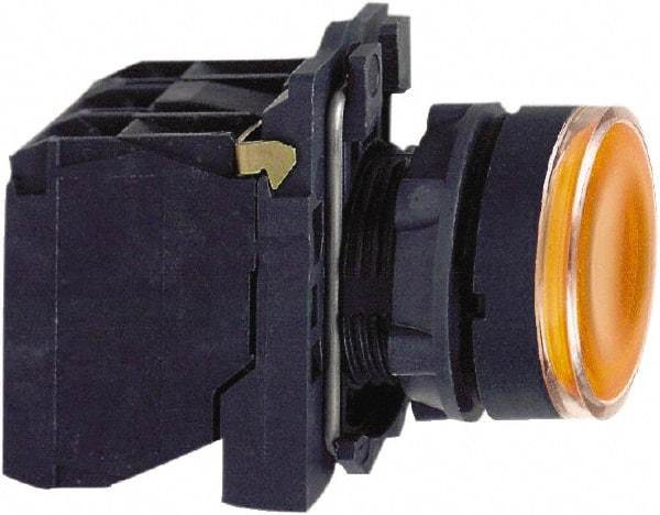 Schneider Electric - 22mm Mount Hole, Flush, Pushbutton Switch with Contact Block - Round, Orange Pushbutton, Illuminated, Momentary (MO) - Eagle Tool & Supply