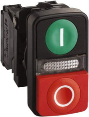 Schneider Electric - 22mm Mount Hole, Extended Straight, Flush, Pushbutton Switch Only - Rectangle, Green and Red Pushbutton, Illuminated, Momentary (MO), On-Off, Shock and Vibration Resistant - Eagle Tool & Supply