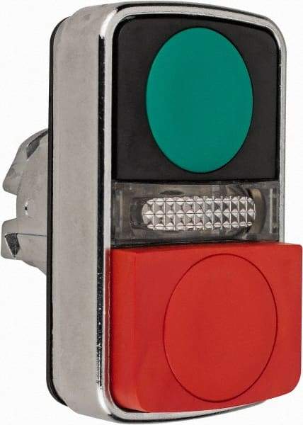 Schneider Electric - 22mm Mount Hole, Extended Straight, Flush, Pushbutton Switch Only - Rectangle, Green and Red Pushbutton, Illuminated, Momentary (MO), On-Off, Shock and Vibration Resistant - Eagle Tool & Supply