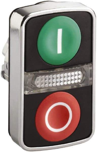 Schneider Electric - 22mm Mount Hole, Extended Straight, Flush, Pushbutton Switch Only - Rectangle, Green and Red Pushbutton, Illuminated, Momentary (MO), On-Off, Shock and Vibration Resistant - Eagle Tool & Supply