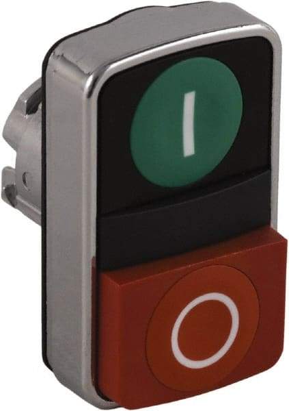 Schneider Electric - 22mm Mount Hole, Extended Straight, Flush, Pushbutton Switch Only - Rectangle, Green and Red Pushbutton, Nonilluminated, Momentary (MO), On-Off, Shock and Vibration Resistant - Eagle Tool & Supply