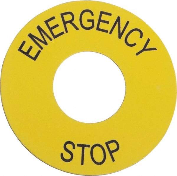 Schneider Electric - Round, PVC Legend Plate - Emergency Stop - Yellow Background, 60mm Hole Diameter - Eagle Tool & Supply