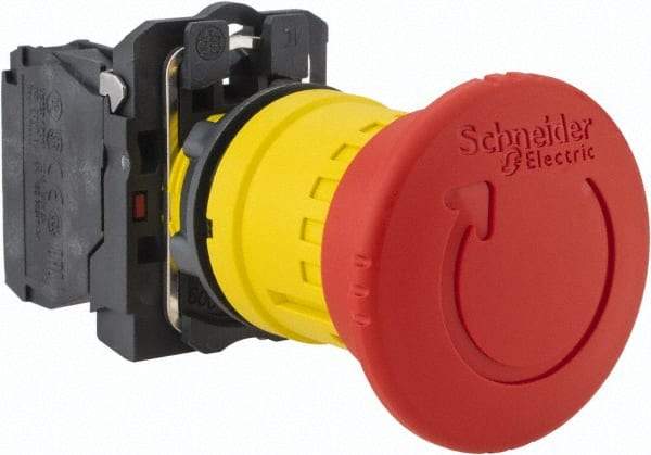 Schneider Electric - 22mm Mount Hole, Extended Mushroom Head, Pushbutton Switch Only - Round, Red Pushbutton, Nonilluminated, Maintained (MA), Off, Shock and Vibration Resistant - Eagle Tool & Supply