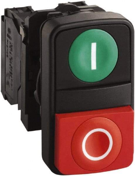 Schneider Electric - 22mm Mount Hole, Extended Straight, Flush, Pushbutton Switch Only - Rectangle, Green and Red Pushbutton, Nonilluminated, Momentary (MO), Shock and Vibration Resistant - Eagle Tool & Supply