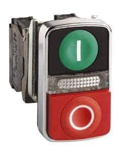 Schneider Electric - 22mm Mount Hole, Extended Straight, Flush, Pushbutton Switch Only - Rectangle, Green and Red Pushbutton, Illuminated, Momentary (MO), On-Off, Shock and Vibration Resistant - Eagle Tool & Supply