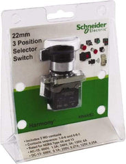 Schneider Electric - 22mm Mount Hole, 3 Position, Lever Operated, Selector Switch with Contact Blocks - Black, Maintained (MA), Nonilluminated, 1 Contact Block, 2NO - Eagle Tool & Supply