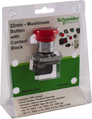 Schneider Electric - 22mm Mount Hole, Extended Mushroom Head, Pushbutton Switch with Contact Block - Round, Red Pushbutton, Nonilluminated - Eagle Tool & Supply