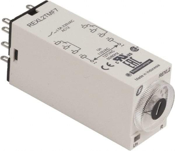 Schneider Electric - 8 Pin, 100 hr Delay, Multiple Range DPDT Time Delay Relay - 5 Contact Amp, 120 VAC, Knob - Eagle Tool & Supply