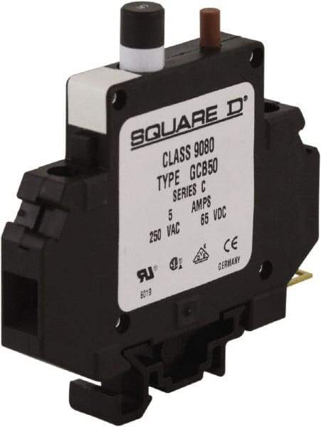 Square D - 5 Amp, 250 VAC, 65 VDC, 1 Pole, DIN Rail Mount Circuit Protector - Thermal Magnetic Trip, 16-10 AWG, 64mm Deep x 80mm High x - Eagle Tool & Supply