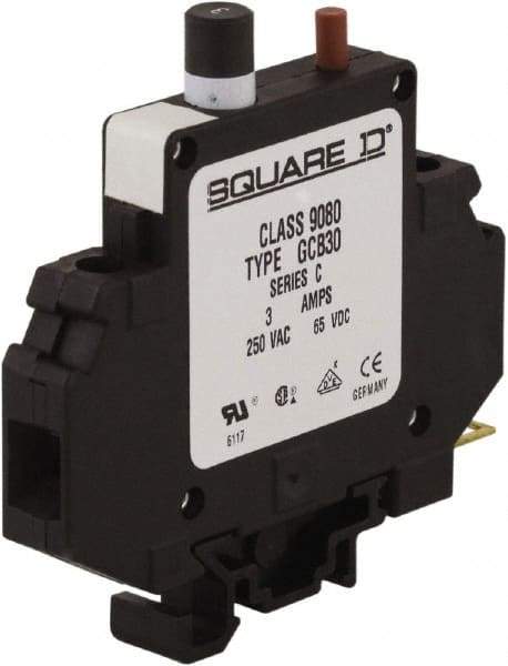 Square D - 3 Amp, 250 VAC, 65 VDC, 1 Pole, DIN Rail Mount Circuit Protector - Thermal Magnetic Trip, 16-10 AWG, 64mm Deep x 80mm High x - Eagle Tool & Supply