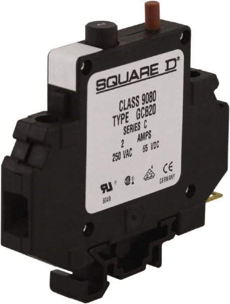 Square D - 2 Amp, 250 VAC, 65 VDC, 1 Pole, DIN Rail Mount Circuit Protector - Thermal Magnetic Trip, 16-10 AWG, 64mm Deep x 80mm High x - Eagle Tool & Supply