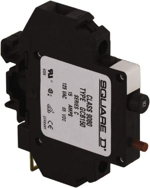 Square D - 15 Amp, 125 VAC, 65 VDC, 1 Pole, DIN Rail Mount Circuit Protector - Thermal Magnetic Trip, 16-10 AWG, 64mm Deep x 80mm High x - Eagle Tool & Supply
