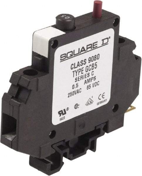 Square D - 0.50 Amp, 250 VAC, 65 VDC, 1 Pole, DIN Rail Mount Circuit Protector - Thermal Magnetic Trip, 16-10 AWG, 64mm Deep x 80mm High x - Eagle Tool & Supply