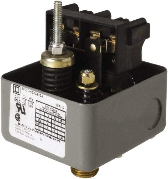 Square D - 1 NEMA Rated, DPST, 110 to 125 psig, Vacuum Switch Pressure and Level Switch - Adjustable Pressure, 575 VAC, 0.13 Inch NPSF Connector, Screw Terminal, For Use with Air Compressors, Electrically Driven Water Pumps - Eagle Tool & Supply