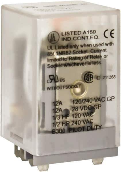 Square D - 8 Pins, 1 hp at 277 Volt & 1/3 hp at 120 Volt, 3 VA Power Rating, Square Electromechanical Plug-in General Purpose Relay - 10 Amp at 250 VAC, DPDT, 120 VAC at 50/60 Hz, 34.9mm Wide x 50mm High x 35.4mm Deep - Eagle Tool & Supply