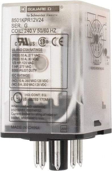 Square D - 8 Pins, 1 hp at 277 Volt & 1/3 hp at 120 Volt, 3 VA Power Rating, Octal Electromechanical Plug-in General Purpose Relay - 10 Amp at 250 VAC, DPDT, 240 VAC at 50/60 Hz, 34.9mm Wide x 50.3mm High x 35.4mm Deep - Eagle Tool & Supply