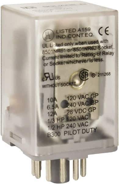 Square D - 8 Pins, 1 hp at 277 Volt & 1/3 hp at 120 Volt, 3 VA Power Rating, Octal Electromechanical Plug-in General Purpose Relay - 10 Amp at 250 VAC, DPDT, 48 VDC, 34.9mm Wide x 50.3mm High x 35.4mm Deep - Eagle Tool & Supply