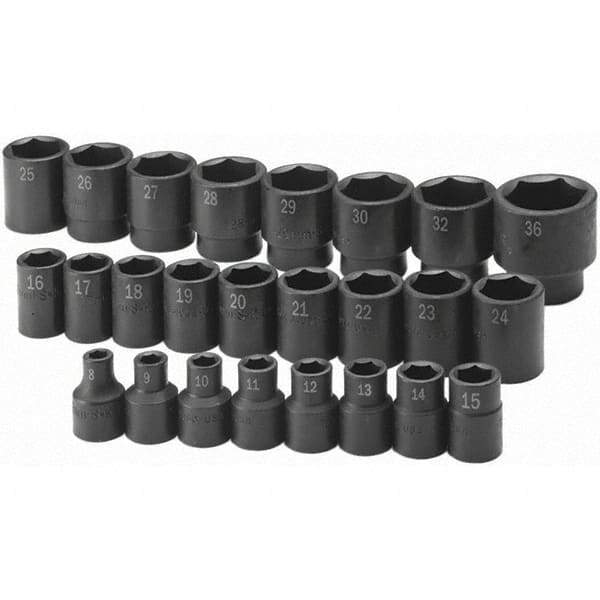 SK - 1/2" Drive Standard Impact Socket Set - 8 to 36mm, Metric Measurement Standard - Eagle Tool & Supply
