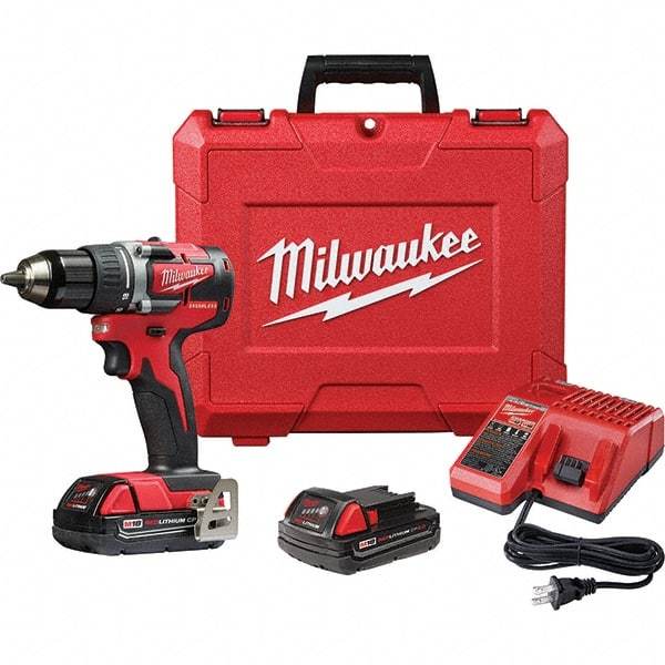 Milwaukee Tool - 18 Volt 1/2" Chuck Pistol Grip Handle Cordless Drill - 0-1800 RPM, Single-Sleeve Ratcheting Chuck, Reversible, 2 Lithium-Ion Batteries Included - Eagle Tool & Supply