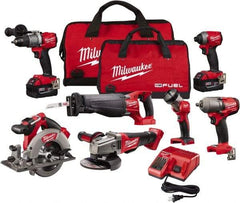 Milwaukee Tool - 18 Volt Cordless Tool Combination Kit - Includes Hammer Drill, Impact Driver, Reciprocating Saw, Circular Saw, Grinder, Work Light & 1/2" Impact Wrench, Lithium-Ion Battery Included - Eagle Tool & Supply