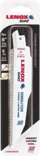 Lenox - 6" Long x 7/8" Thick, Bi-Metal Reciprocating Saw Blade - Tapered Profile, 6 TPI, Toothed Edge, Universal Shank - Eagle Tool & Supply