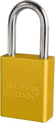 American Lock - Keyed Different Conductive Lockout Padlock - 1-1/2" Shackle Clearance, 1/4" Shackle Diam, 1.8" Body Height x 3/4" Body Width, Yellow, 6 Pins - Eagle Tool & Supply