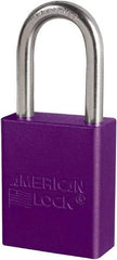 American Lock - Keyed Different Conductive Lockout Padlock - 1-1/2" Shackle Clearance, 1/4" Shackle Diam, 1.8" Body Height x 3/4" Body Width, Purple, 6 Pins - Eagle Tool & Supply