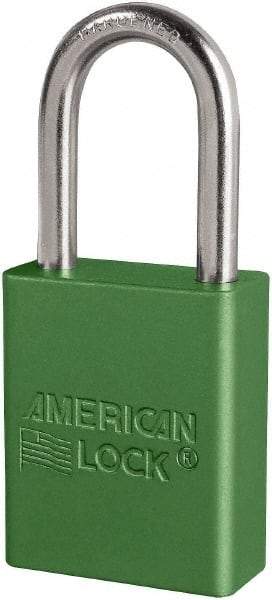 American Lock - Keyed Different Conductive Lockout Padlock - 1-1/2" Shackle Clearance, 1/4" Shackle Diam, 1.8" Body Height x 3/4" Body Width, Green, 6 Pins - Eagle Tool & Supply