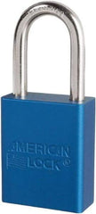 American Lock - Keyed Different Conductive Lockout Padlock - 1-1/2" Shackle Clearance, 1/4" Shackle Diam, 1.8" Body Height x 3/4" Body Width, Blue, 6 Pins - Eagle Tool & Supply
