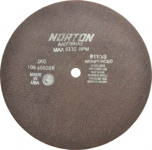 Norton - 10" 60 Grit Aluminum Oxide Cutoff Wheel - 0.06" Thick, 5/8" Arbor, 6,110 Max RPM, Use with Stationary Grinders - Eagle Tool & Supply