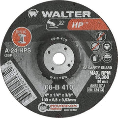 WALTER Surface Technologies - 24 Grit, 4" Wheel Diam, 1/4" Wheel Thickness, 3/8" Arbor Hole, Type 27 Depressed Center Wheel - Aluminum Oxide, Resinoid Bond, 15,000 Max RPM - Eagle Tool & Supply
