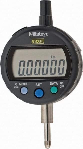 Mitutoyo - 0 to 12.7mm Range, 0.00005" Graduation, Electronic Drop Indicator - Flat Back, Accurate to 0.0001", English & Metric System, LCD Display - Eagle Tool & Supply