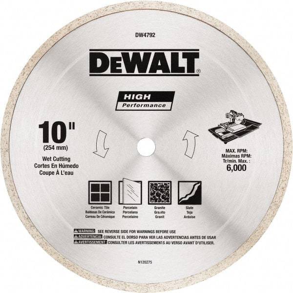 DeWALT - 10" Diam, 5/8" Arbor Hole Diam, Wet & Dry Cut Saw Blade - Diamond-Tipped, Standard Round Arbor - Eagle Tool & Supply